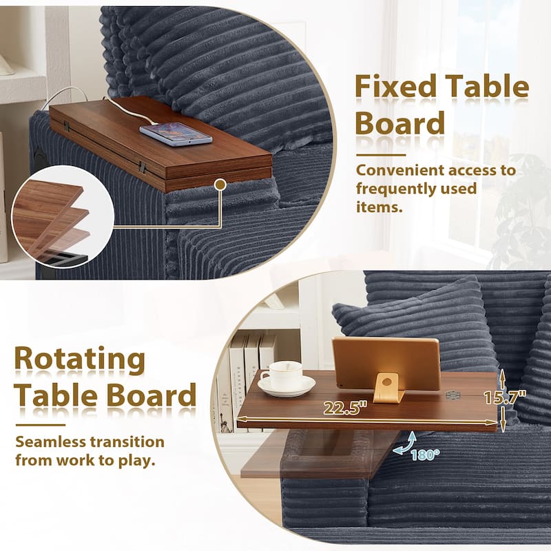 Versatile Chaise Lounge Single Sofa Chair with Ottoman, Swivel Table, Storage Armrest, Cup Holder, Bluetooth Speaker and USB