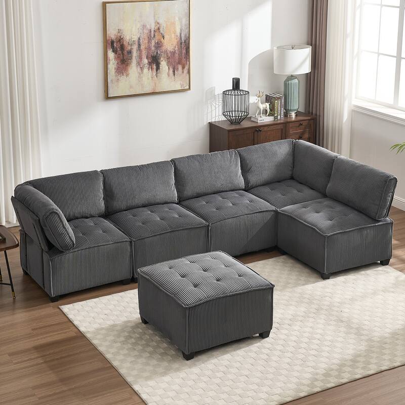 U-Shaped Modular Sectional Sofa, Oversized Corduroy Cloud Couch with Reversible Chaise, Comfy Convertible 6-Seat Corner Couch