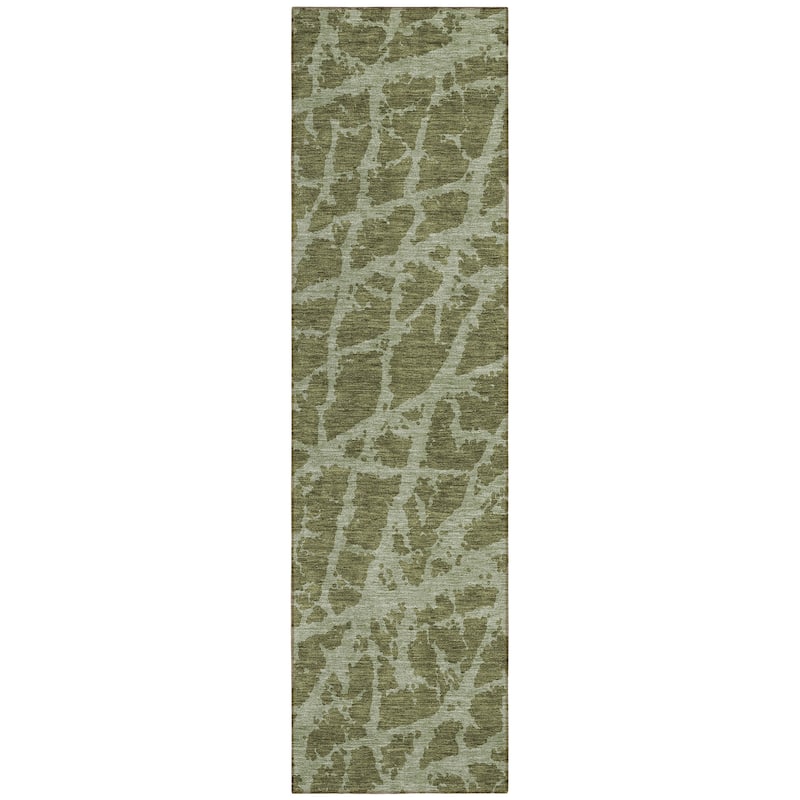 Machine Washable Indoor/ Outdoor Transitional Olive Crackle Chantille Rug