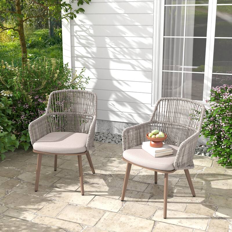 Outdoor 2-piece Dining PE Wicker Arm Chair with Cushion - Grey/Begie