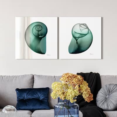 "Shimmering Snail I & II" Frameless Free Floating Tempered Glass Panel Graphic Wall Art - White