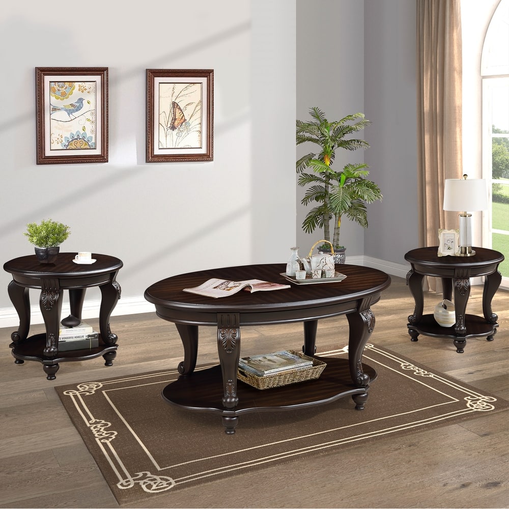 American Style Table Sets of 3, Coffee Table & End Tables Set with Beautiful Floral Carvings, Lower Shelf and Antiqued Finish