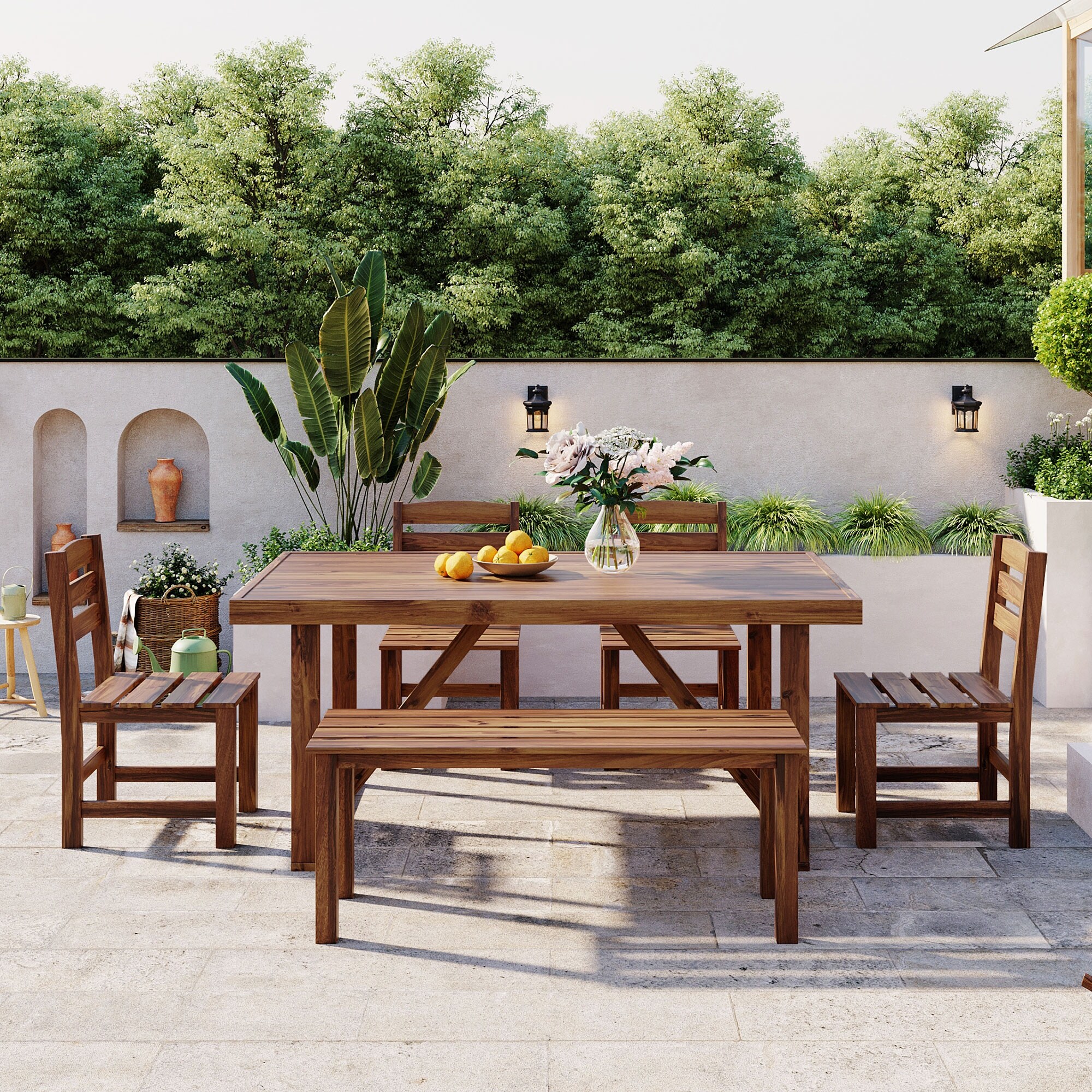 6-Piece Patio Outdoor Acacia Wood Table and Chair Set With Bench