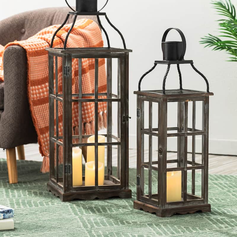 Glitzhome Farmhouse Wooden Metal Cage Candle Holders Patio Hanging Vintage Lanterns (Set of 2)