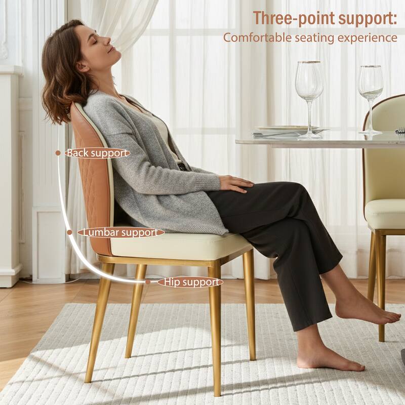 Modern Upholstered Dining Chair Set of 2 - Light Yellow Faux Leather Seat with Brown Back & Gold Metal Legs