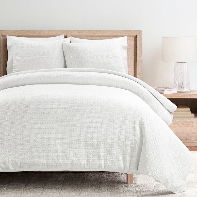 Lush Decor Haniya Solid Waffle Woven Cotton Textured Duvet Cover 3 Pieces Set
