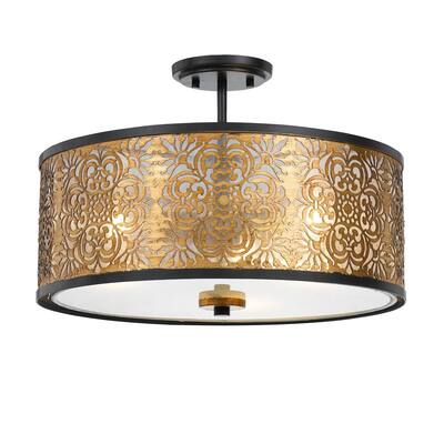 60 X 3 Watt Round Metal Frame Chandelier with Carved Design, Gold and Black
