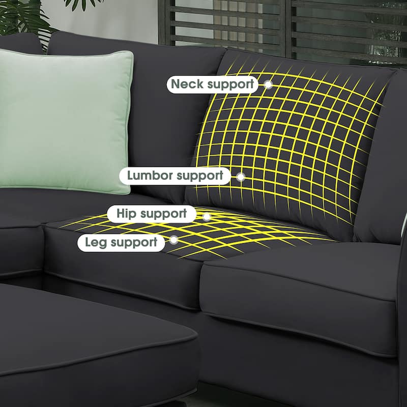 112-inch L-shaped 7-seat Modular Sectional Sofa with Ottoman and Three Pillows - 112"W x 87"D x 33"H