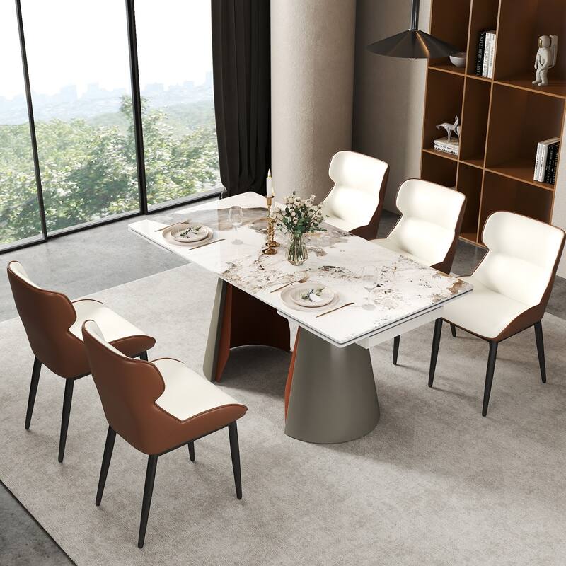 63"-94" Expandable Marble Dining Table for 6-8 Seat, Modern Rectangle Design with Extension Leaf