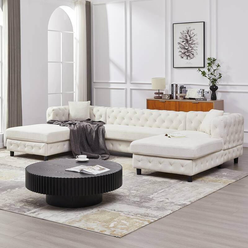 U-Shaped Chenille Sofa with Two Chaise Longue Seats and Pillows.