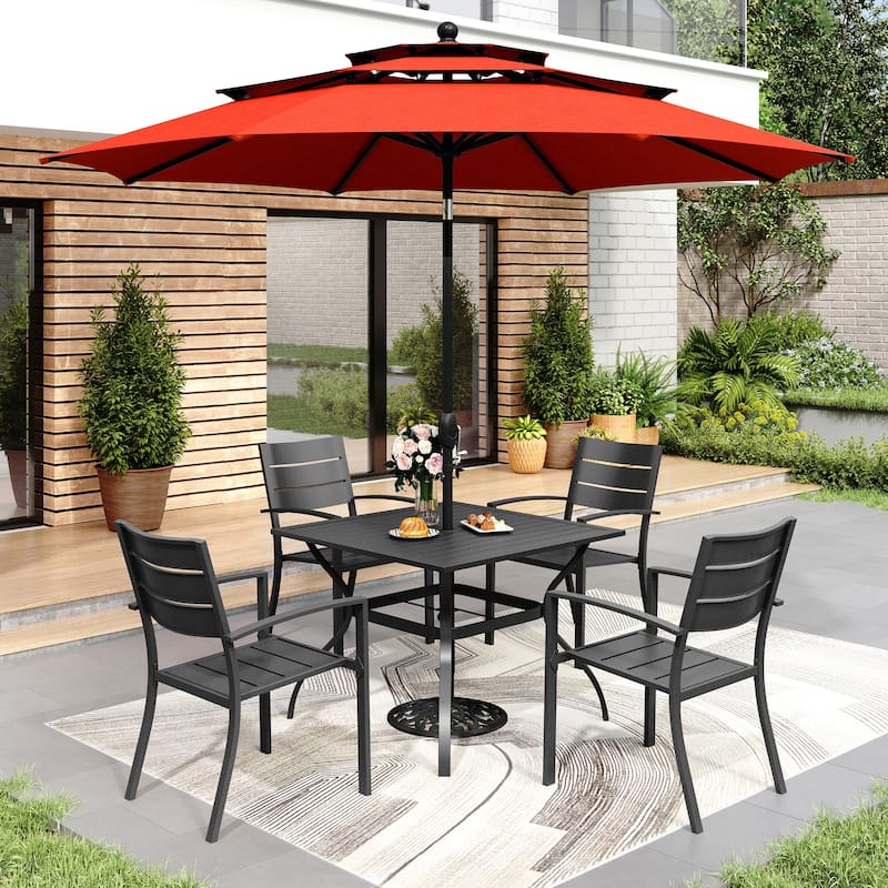 MAISON ARTS 6-Piece Outdoor Dining Set with 10ft 3 Tier Auto-tilt Umbrella, Metal Square Table & 4 Stackable Chairs - Orange Red Umbrella