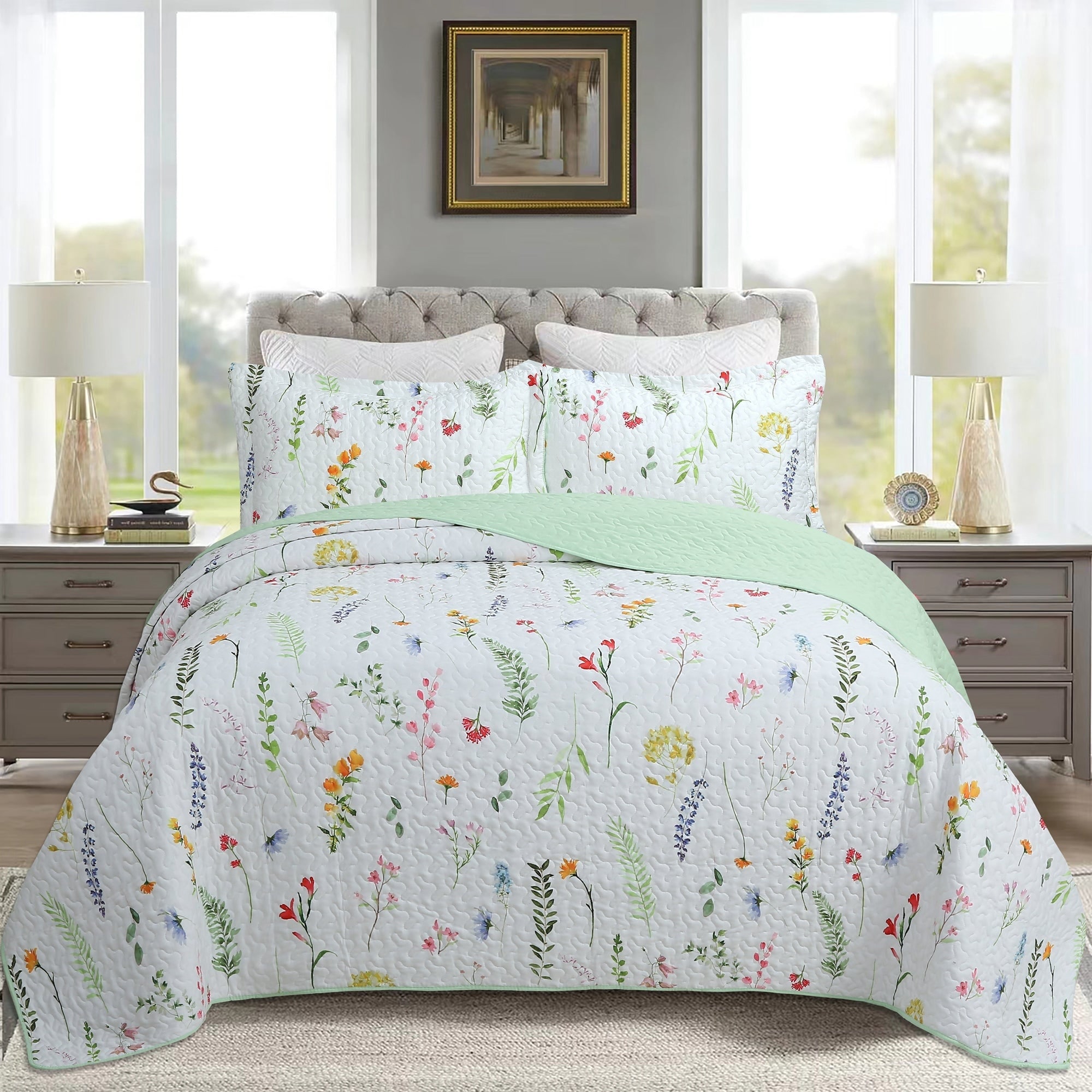 MarCielo 3 Pcs Polyeste Printed Floral Quilt Bedspread Set