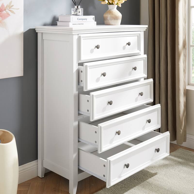White Farmhouse 5-Drawer Dresser, Stylish Storage Cabinet Solution