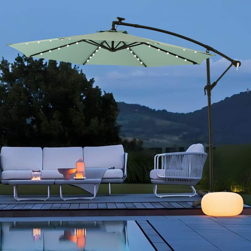 Outdoor Patio 10-Ft Solar LED Offset Hanging Umbrella