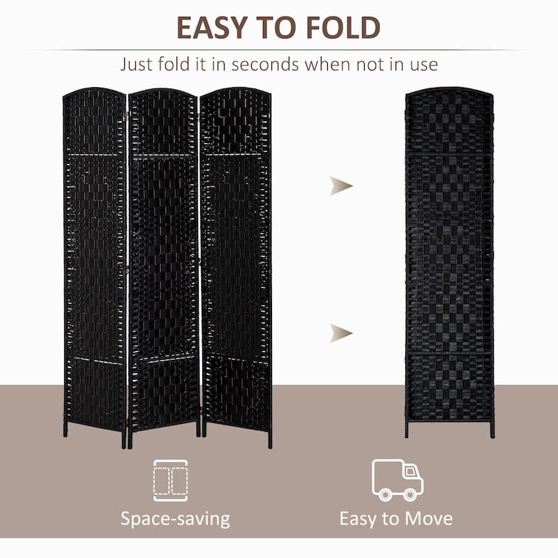HomCom 6' Tall Wicker Weave Three Panel Room Divider Privacy Screen - Black Wood