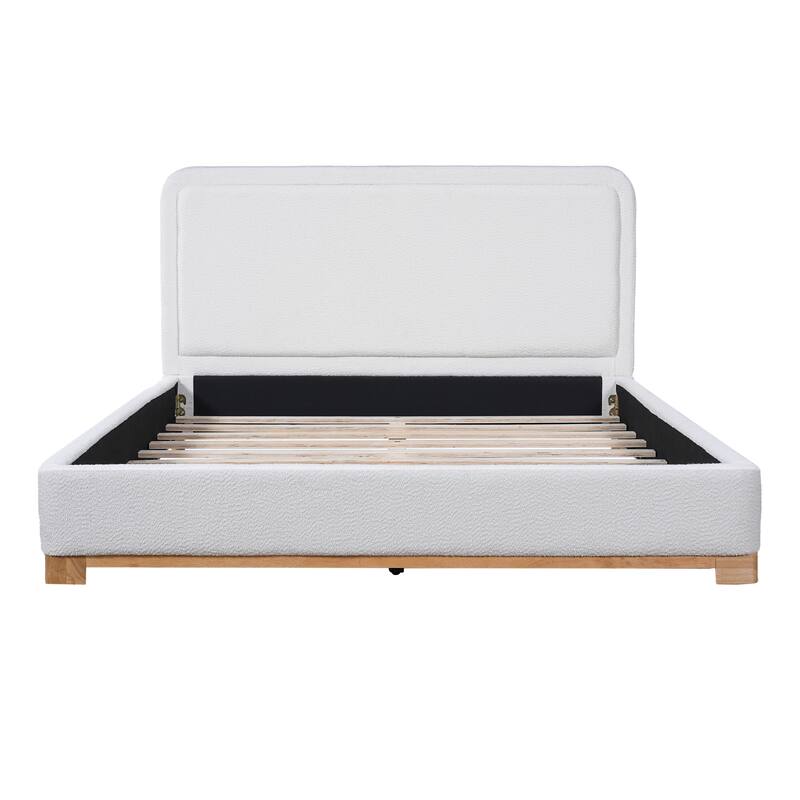 King/Queen Size Bed Frame with Boucle Upholstered Curved Headboard and Solid Wood Platform