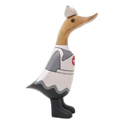 Novica Handmade Nurse Duckling In White Bamboo Root And Teak Wood Figurine