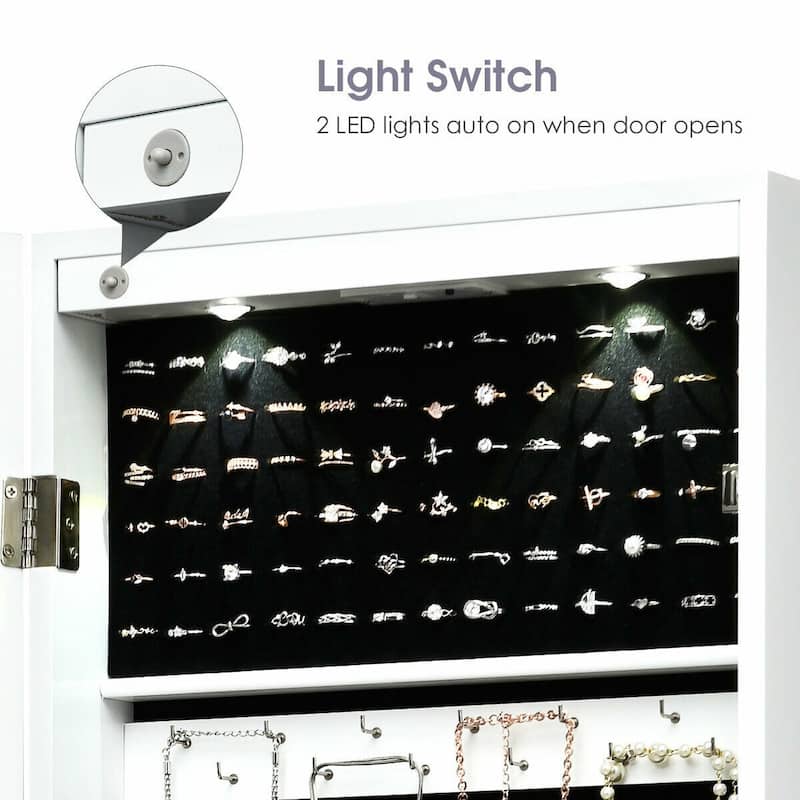 Lockable Wall Mount Mirrored Jewelry Cabinet with LED Lights - White - 14.6" x 3.8" x 43.3" (L x W x H)