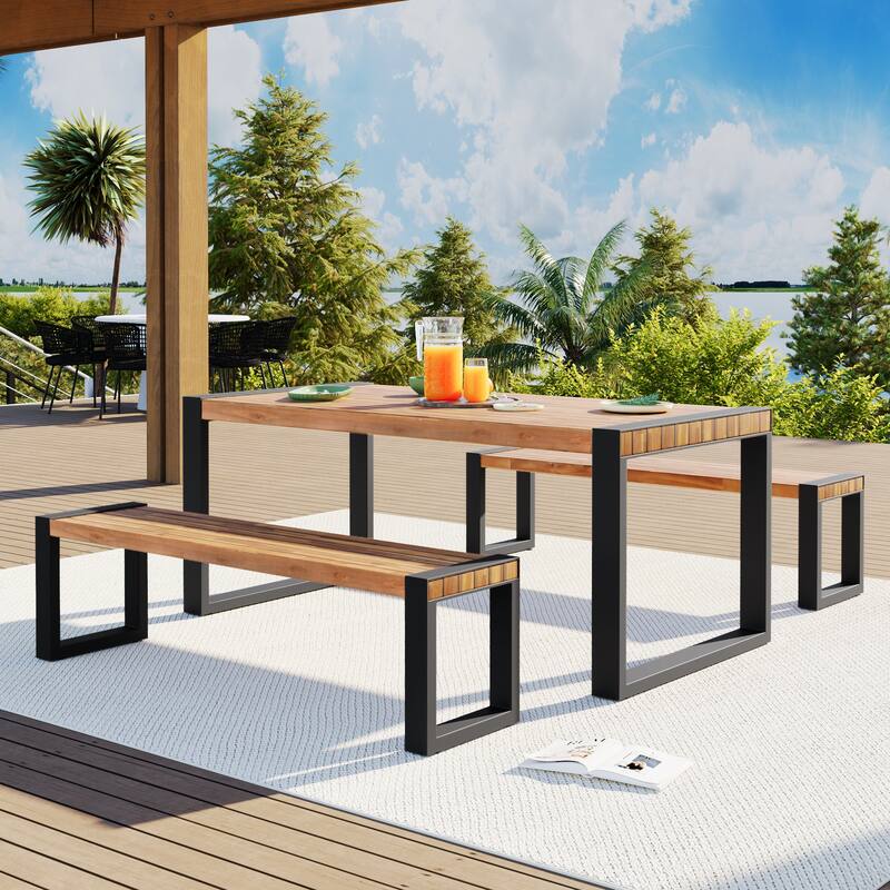 3-Piece Patio Picnic Dining Set with Acacia Top & Steel Frame Benches - Acacia Wood