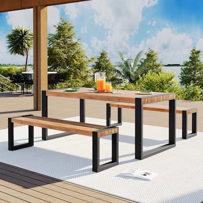 3-pieces Outdoor Dining Table with 2 Benches, Acacia Wood Top & Steel Frame