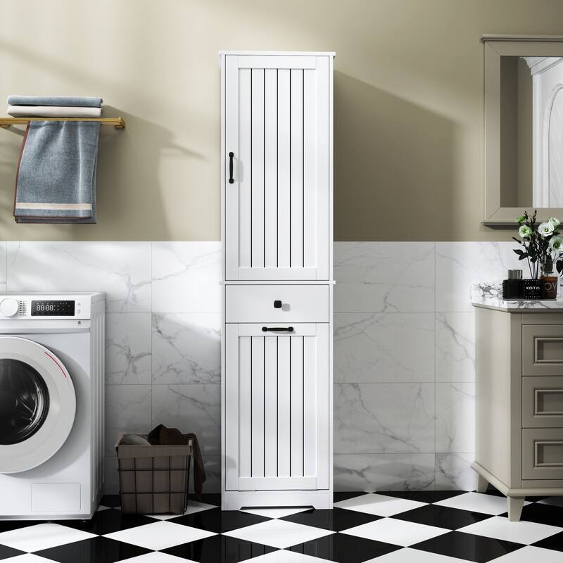Roomfitters Laundry Cabinet with Drawer and Hamper, Tall Bathroom Storage Organizer with Shelves, White