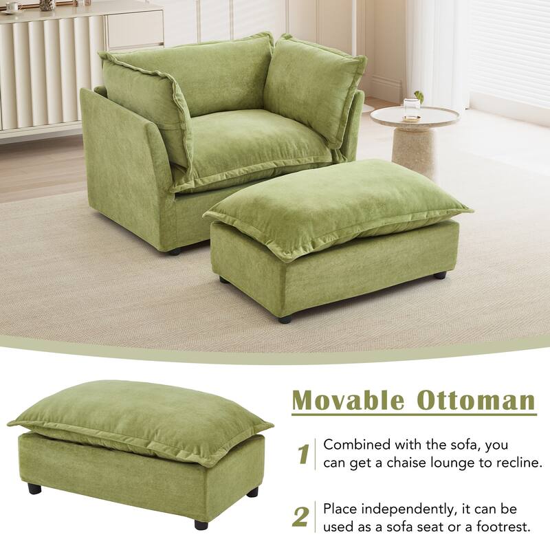 47" Modern Armchair Sofa with Ottoman - Upholstered Lounge Chair, Wide Seat, Curved Armrests & Soft Pillows for Living Room