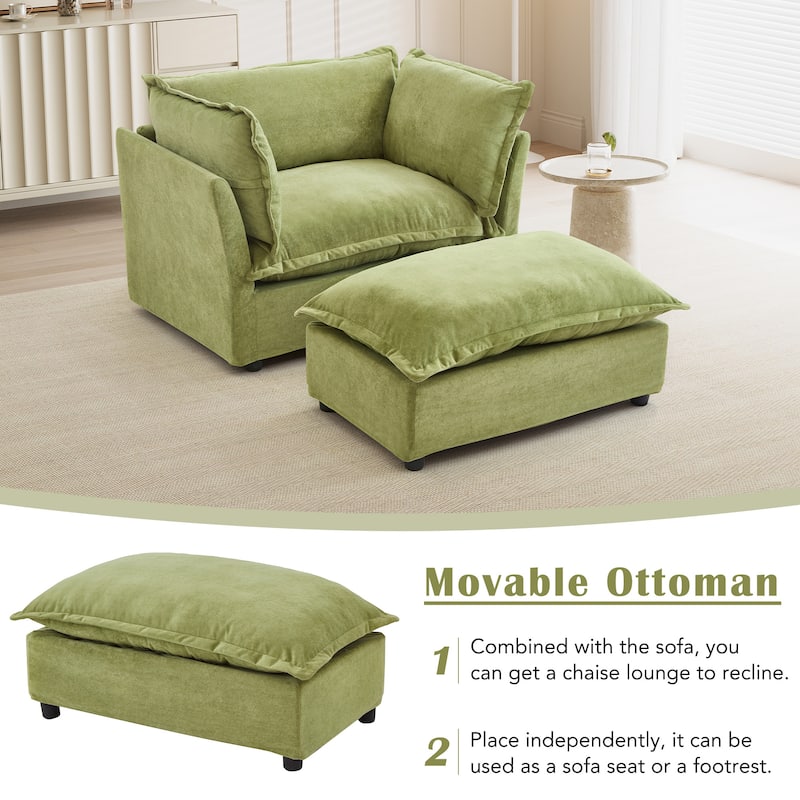 Roomfitters Upholstered Armchair with Ottoman, Wide Seat and Curved Armrests for Living Room or Bedroom