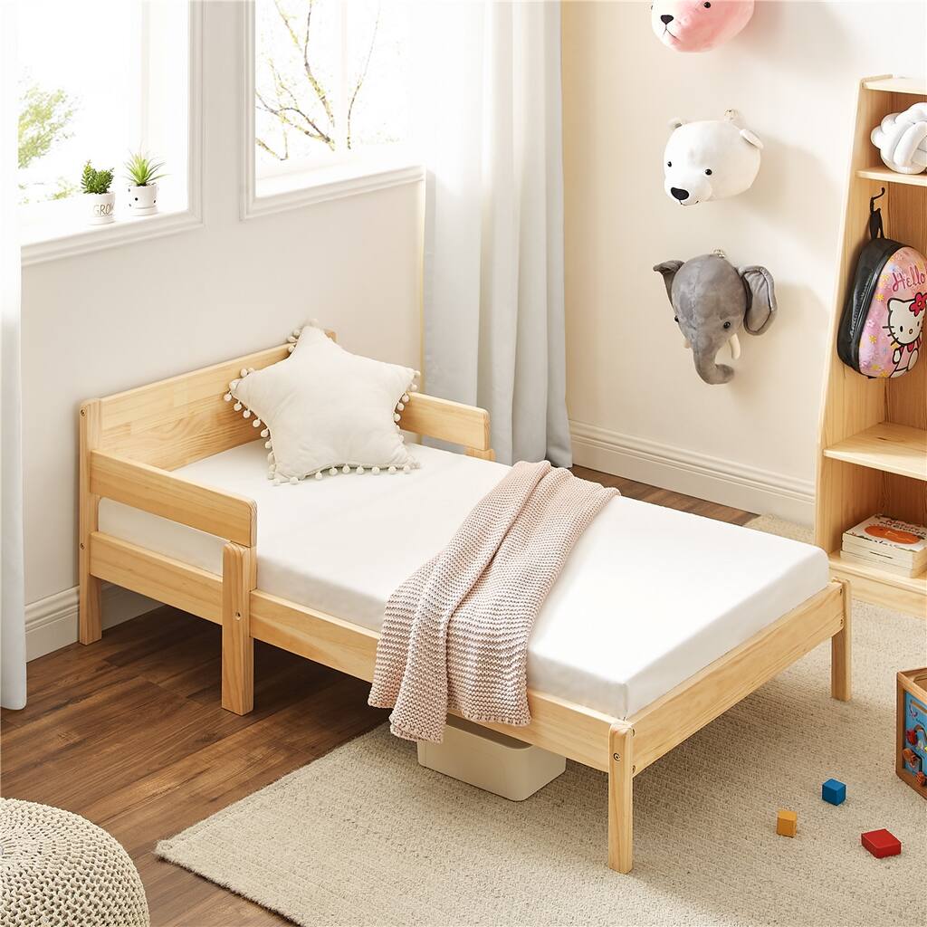 MUSEHOMEINC Convertible Solid Wood Toddler Bed,Multifunctional Kids Bed w/2 Side Guardrails,Children Bed Frame Convert to 1 Sofa