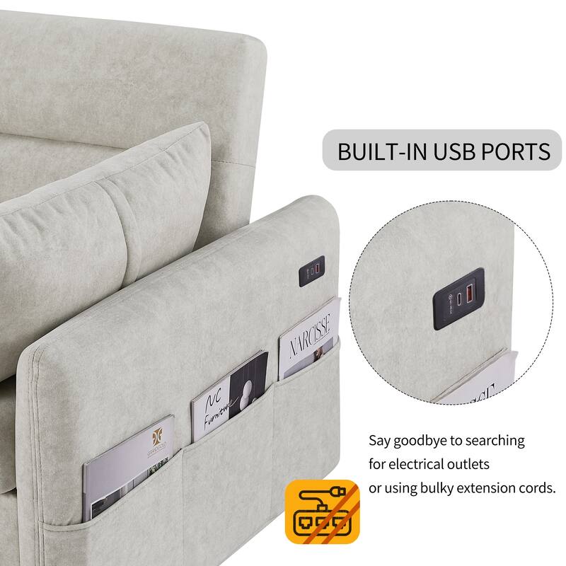 3-in-1 Pull Out Sofa Bed, Couch Bed with Adjsutable Back and Storage Pockets, 2 Seater Sofa with 2 Soft Pillows and USB Ports