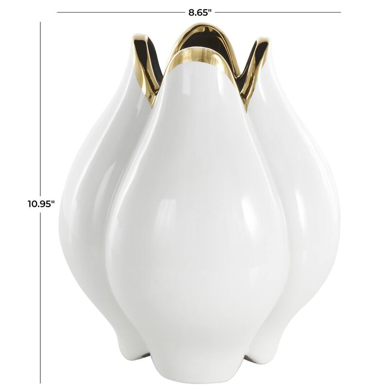 Ceramic Dimensional Tulip Shaped Decorative Vase with Metallic Gold Rim - White - Roche River Decor
