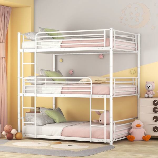 slide 2 of 9, Multi-functional Divided into Three Separate Beds Design Full-Full-Full Metal Triple Bed with Built-in Ladder White