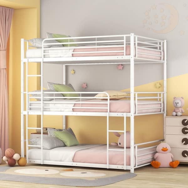 slide 2 of 9, White Full-Full-Full Metal Triple Bunk Bed with Built-in Ladder and Full-Length Guardrail, Divided into 3 Separate Beds White