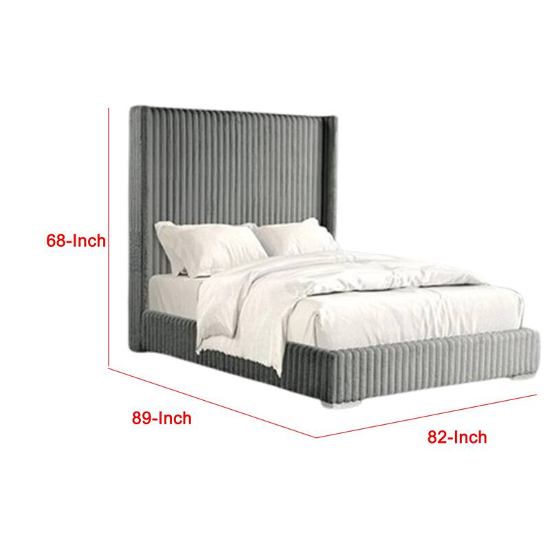 Wolo King Bed, Gray Fur Chenille Ribbed Upholstery, Wing Headboard