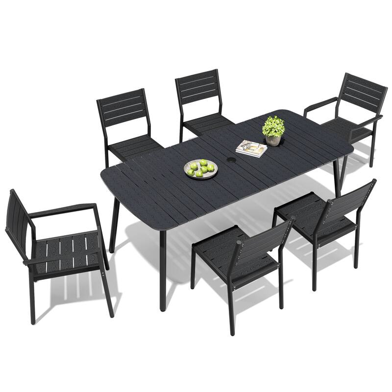 Outdoor 7/9-Piece Patio Dining Set Rectangular Dining Table with Stackable Chairs - Black - Set of 7 - 70.9 inches