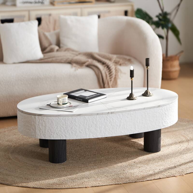 Oval Coffee Table with Faux Marble Top, Mid Century Modern Design with Hidden Drawer and Storage for Living Room
