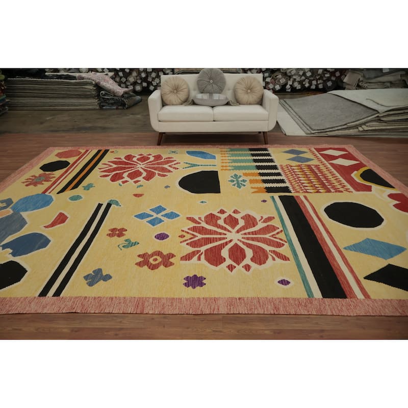Hand Woven Oriental 100% Wool Carpet Southwestern Tribal Yellow & Gold Kilim Area Rug - 13' 0'' X 10' 2''