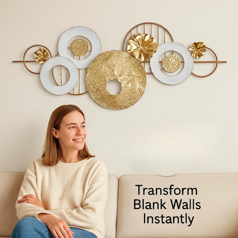 Gold White Multi Ring Metal Wall Art Horizontal Modern Decor 53"x23"