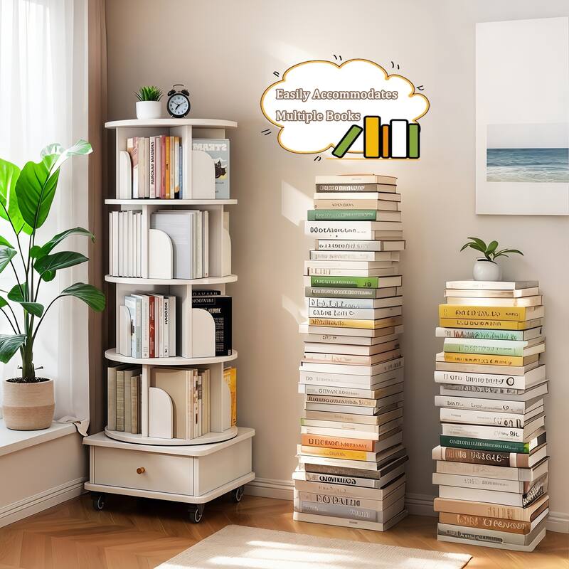 GDF Studio - Purling Modern 5-Tier Wood 360-Degree Rotating Bookshelf with Drawer Storage