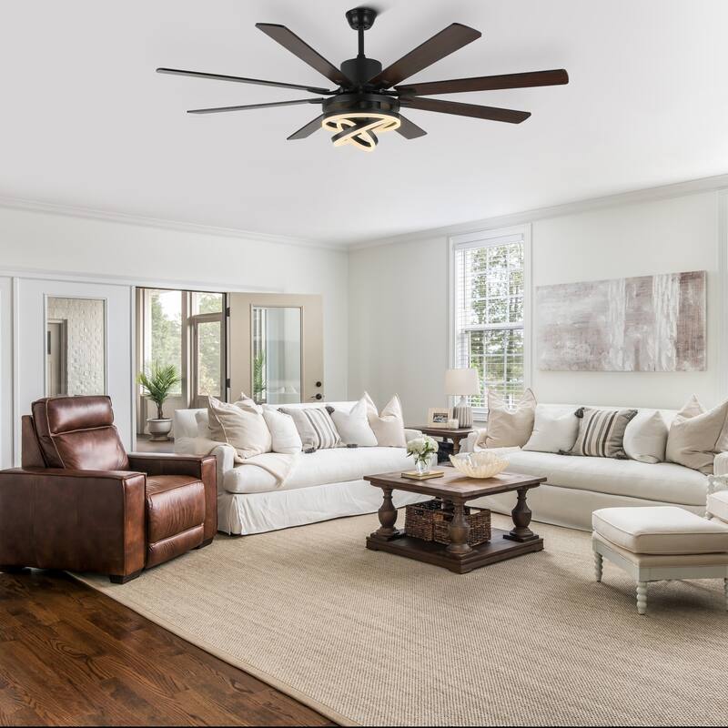 CurveCurio 72" Modern Large Ceiling Fan w LED Light, 8 Wood Blades and Quiet DC Reversiable Motor w 6 Speeds, Remote Control