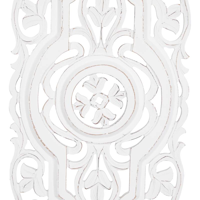 White Wood Handmade Intricately Carved Arabesque Floral Home Wall Decor (Set of 2)