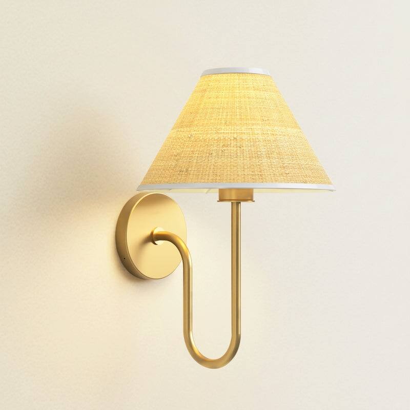 Mysa Wall Light Sconce - Metal, Raffia & Natural Beige, Gold Wall Sconce for Bedroom or Bathroom in Modern, Mid-Century Style - Round Cone Raffia Shade