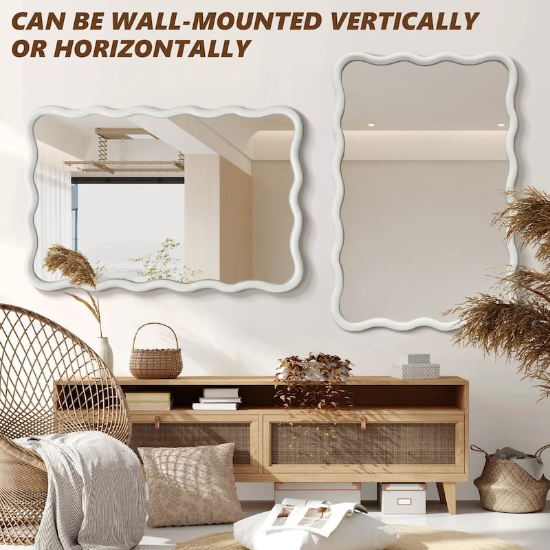 Scalloped Wood Frame Rectangle Wavy Wall Mirror