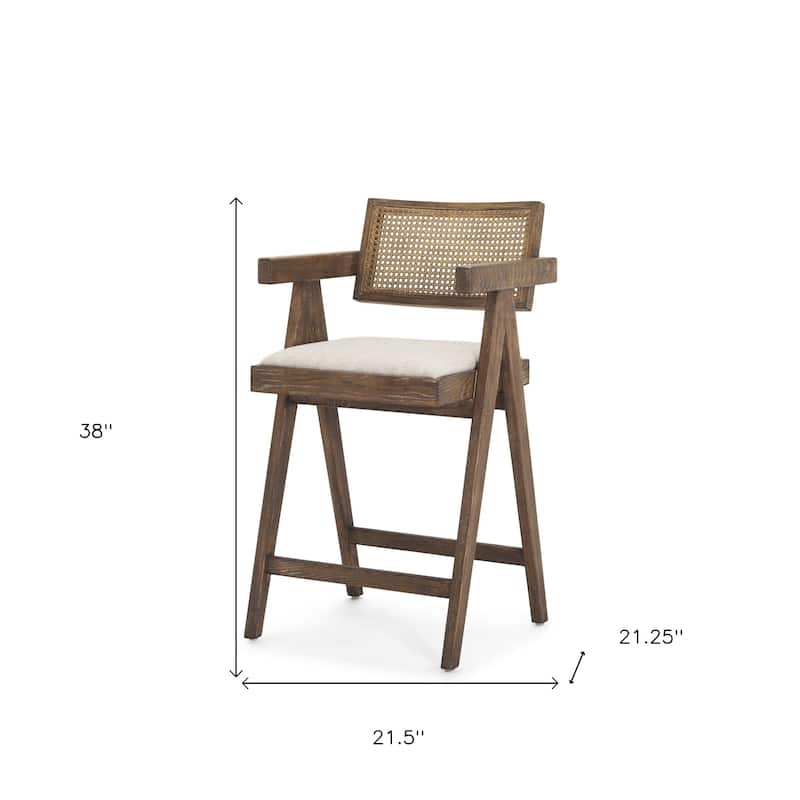 HomeRoots 24" Off White and Brown Fabric and Solid Wood Low Back Counter Height Bar Chair