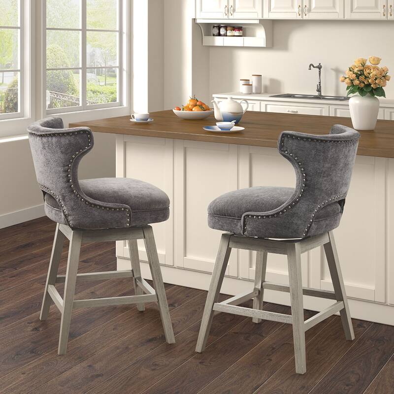 Roomfitters 360-Swivel Counter Stool, Upholstered Low Back Bar Chair with Nailhead Trim and Metal Kickplate