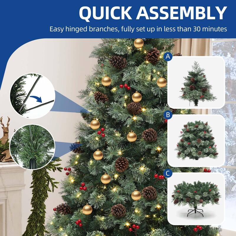 6/7.5ft Prelit Artificial Carolina Pine Christmas Tree with Remote, Green Artificial Hinged Christmas Tree w/ 1200 Mixed Tips