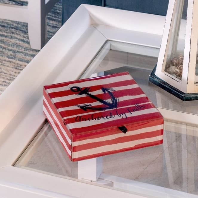 Red & White Stripe Anchored By Faith 4th of July Patriotic Decoration Trinket Box