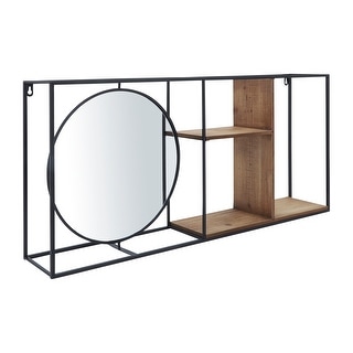 34" Wall Shelf with Mirror Contemporary Farmhouse Rustic Mounted Metal Shelf in Black/Brown with Mirror for Bathroom,