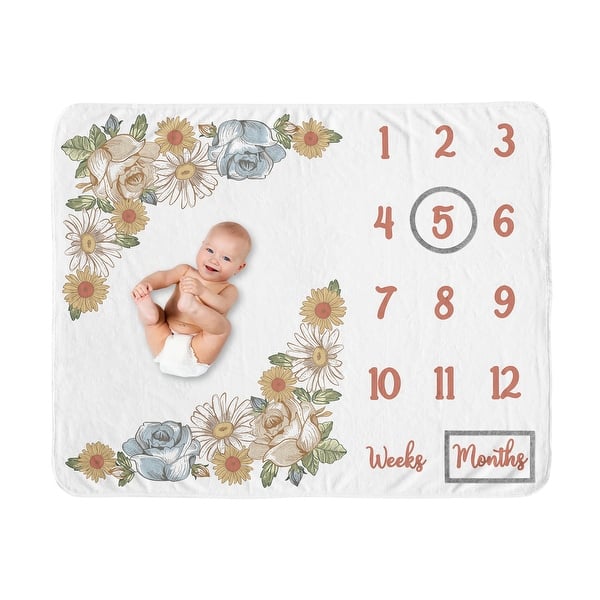 slide 2 of 6, Vintage Floral Blue Yellow Baby Monthly Milestone Blanket Girl Green Gold Orange Taupe White Shabby Chic Flower Boho Bohemian