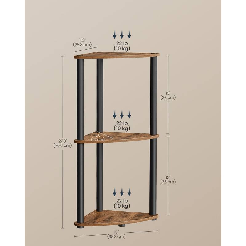Steel 3-Tier Corner Shelf with Anti-Tip and Tool Free Setup - 15"D x 10.6"W x 27.8"H