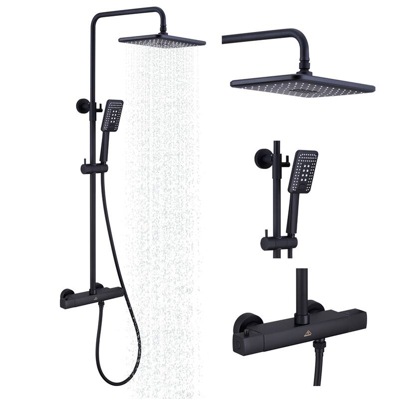 3-Spray Patterns Thermostatic Rain Shower Faucet Wall Mount Dual Shower Heads - 11.4" x 7.5"